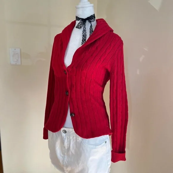 Vintage Y2K Retro Red Cable Knit Cardigan Sweater Preppy Academia Ralph Lauren S - Picture 4 of 7